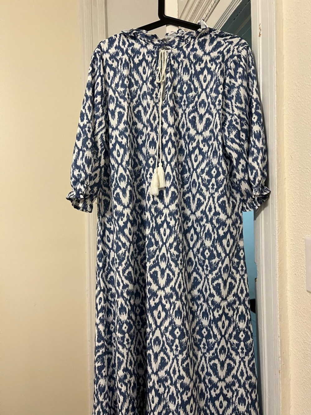 Blue and White Ikat Maxi Dress with Tassel Tie Neck